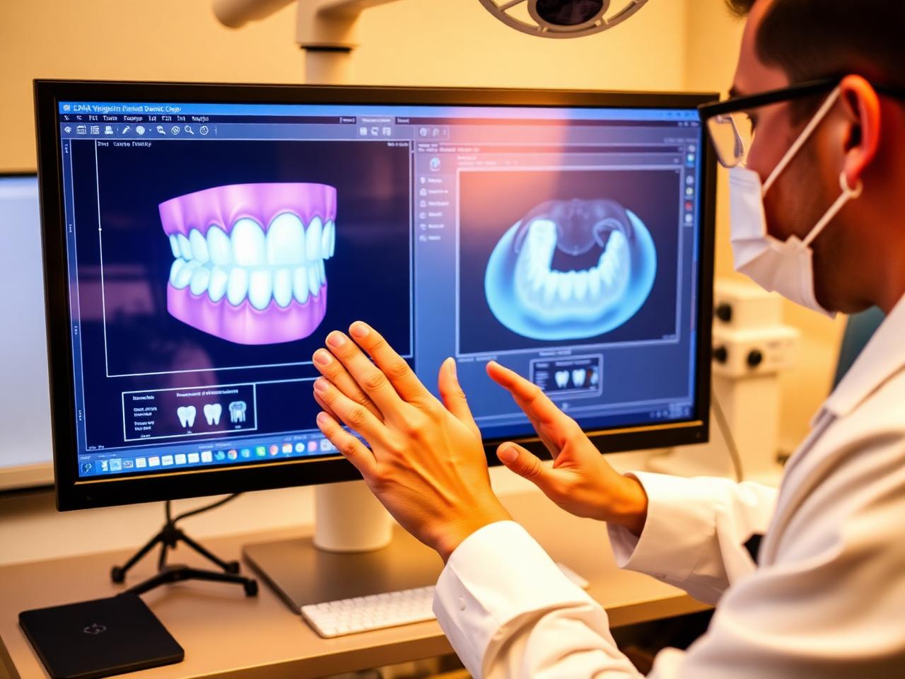 Dentist designing custom veneers on dental software displayed on a monitor