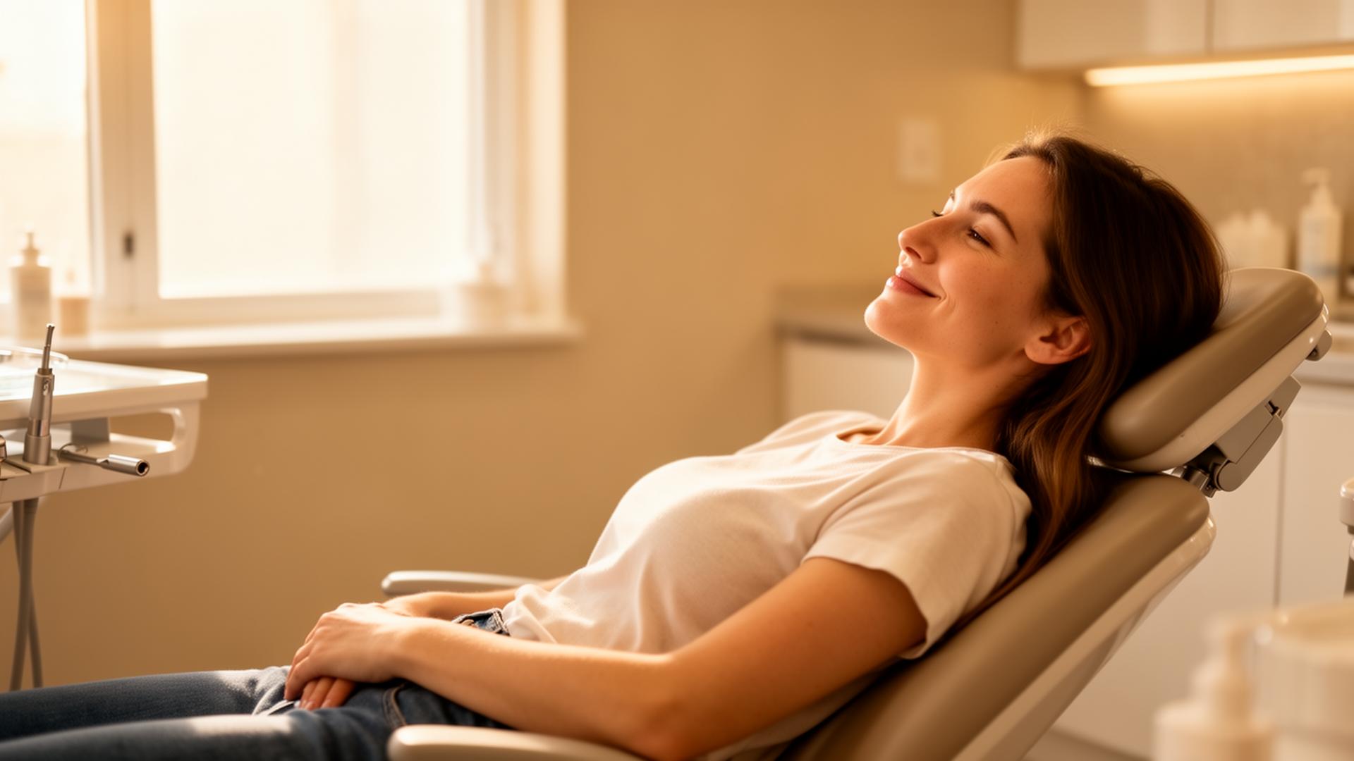 Relaxed patient in a dental chair bathed in warm natural light