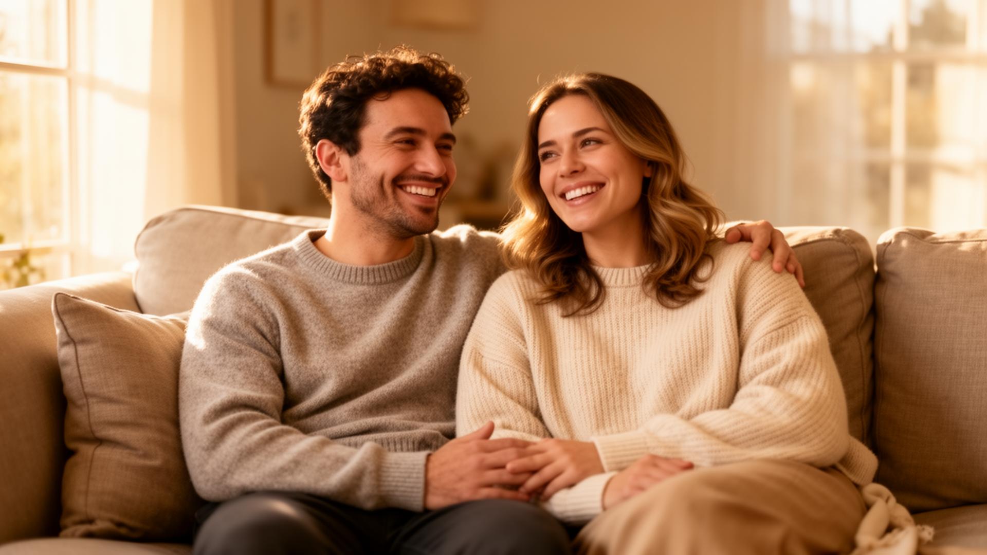Relaxed, happy couple at home in warm natural light